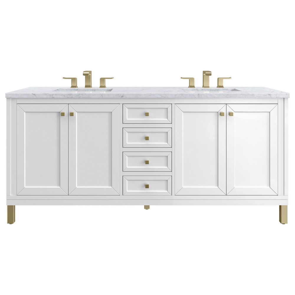 James Martin Vanities Chicago 72" Double Bathroom Vanity in Glossy White with 3 cm Carrara White Marble Top and Rectangular Sinks, , large