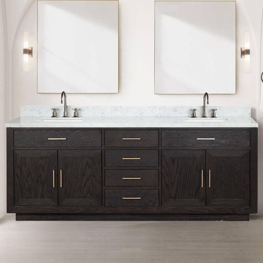 Lexora Home Abbey 84&quot; Double Bathroom Vanity in Black Oak with 2 cm White Carrara Marble Top and Rectangular Sinks, , large