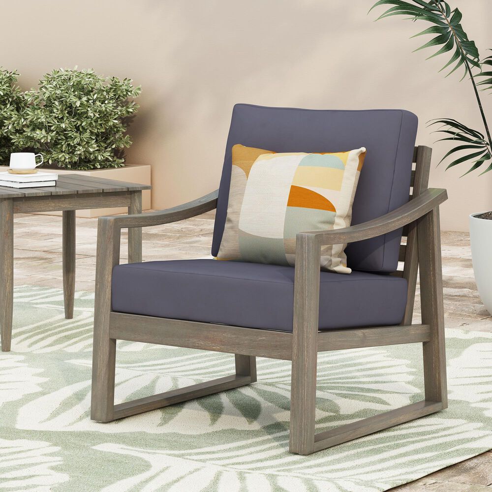 Hearth and Haven Samwell Outdoor Club Chair with Blue Cushion in Dark Grey, , large