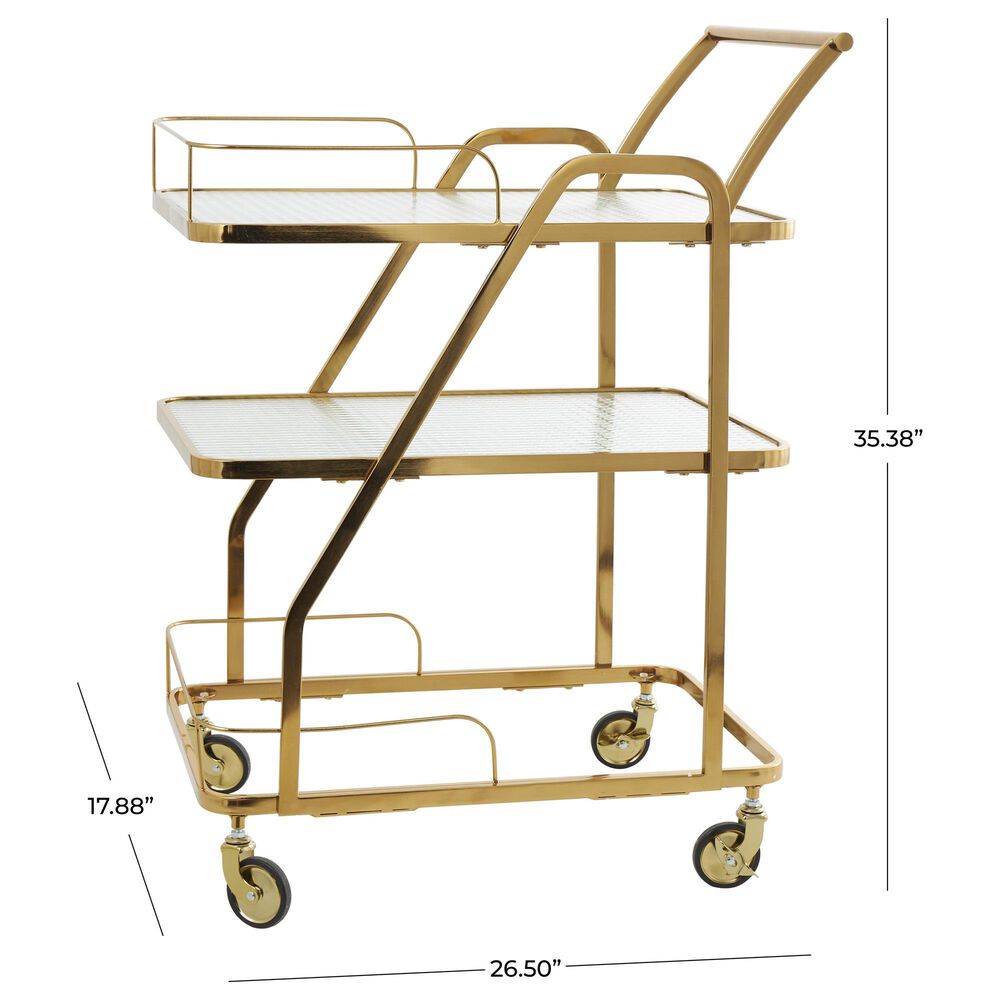 Maple and Jade 3-Shelf Bar Cart with Side Guards and Handle in Polished Gold and Transparent, , large