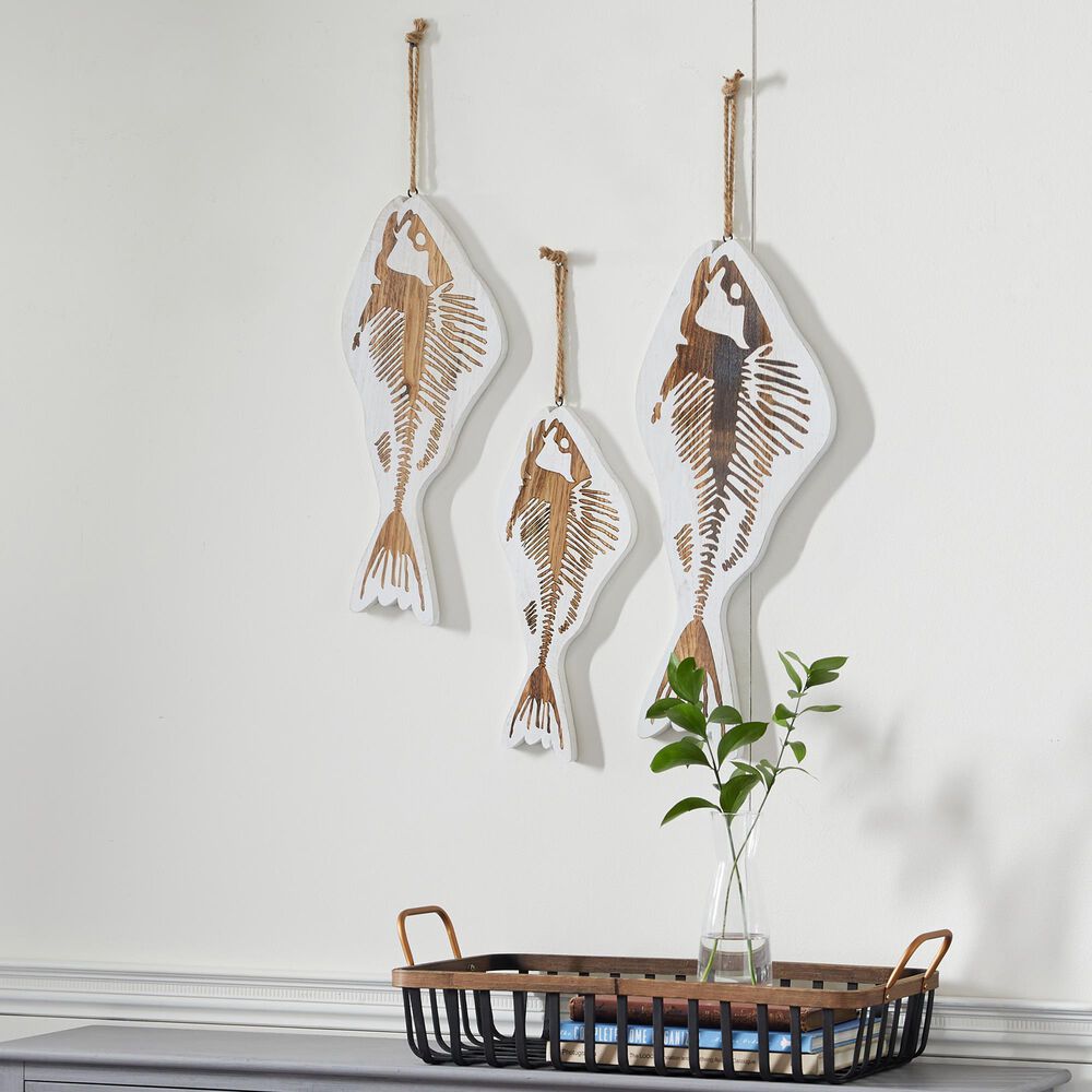 Maple and Jade 30&quot; x 10.5&quot; Coastal Fish Wall Decor in Brown and White &#40;Set of 3&#41;, , large