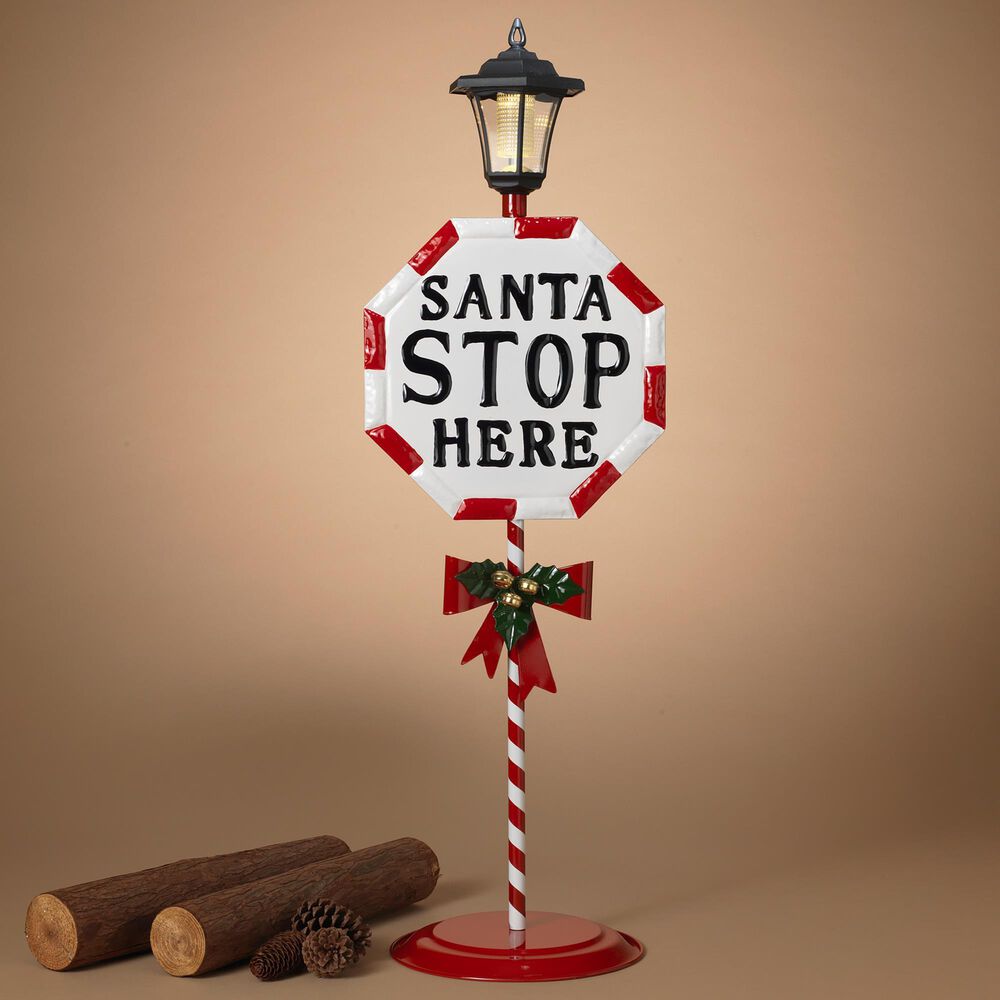 The Gerson Company Solar Lighted Metal &quot;Santa Stop Here&quot; Sign in White and Red, , large