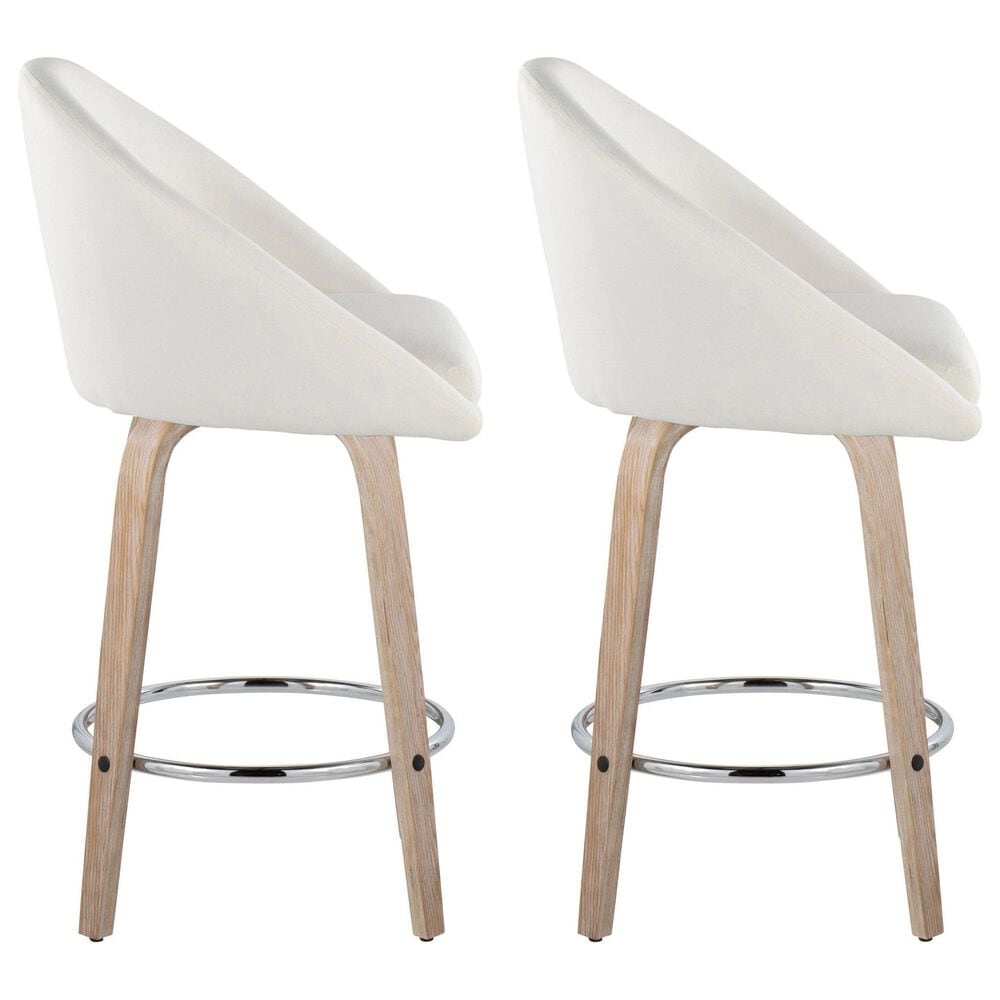 LumiSource Matisse 26" Swivel Counter Stool with Cream Fabric Upholstery in Whitewashed and Chrome (Set of 2), , large