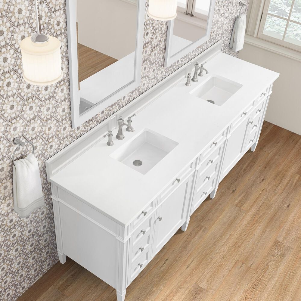 James Martin Brittany 84" Double Bathroom Vanity in Bright White with 3 cm White Zeus Top and Rectangular Sinks, , large