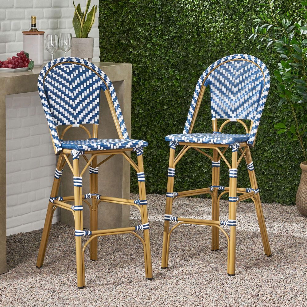 Hearth and Haven Outdoor Wicker French Barstool with Brown Aluminum Frame in Navy Blue (Set of 2), , large