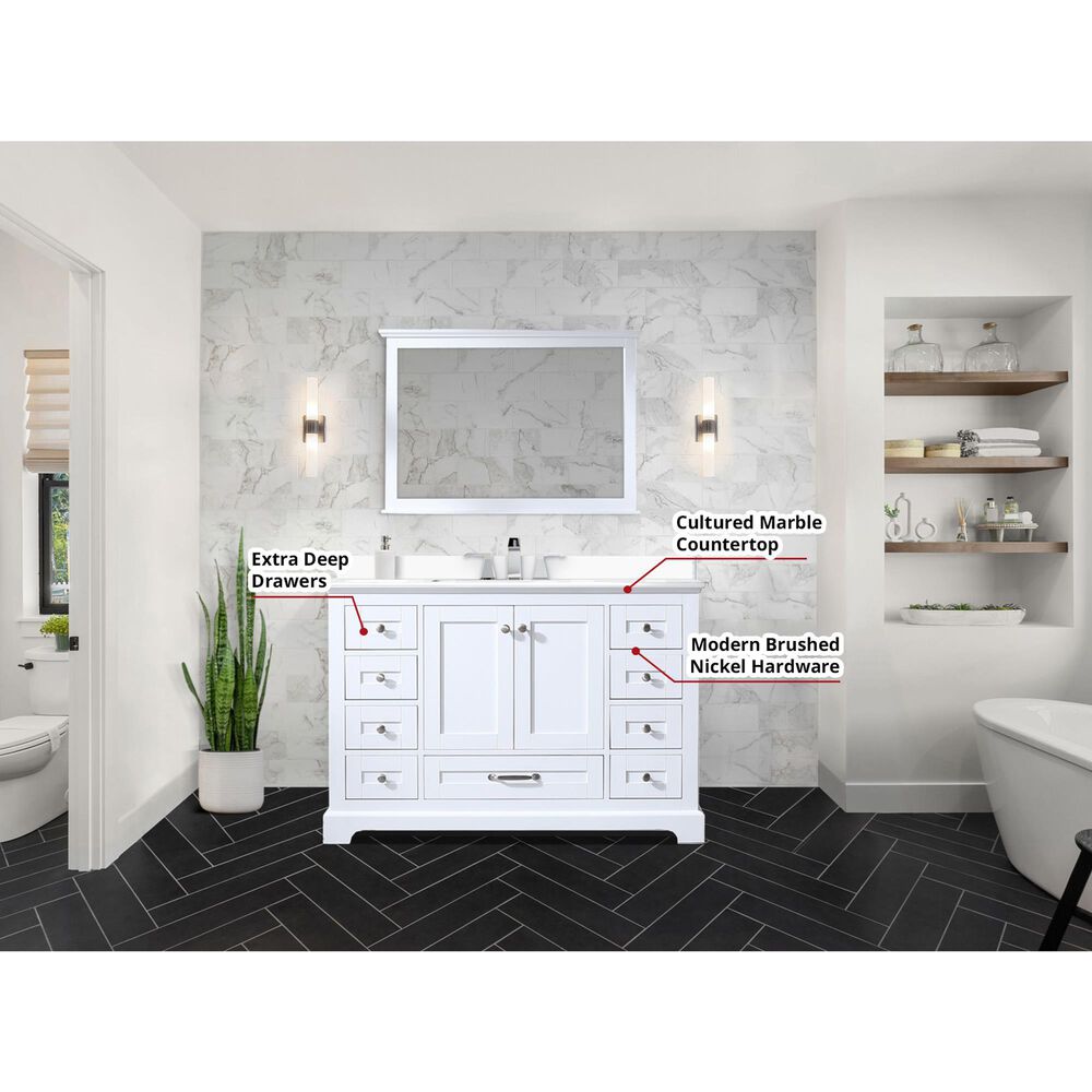 Lexora Home Dukes 48&quot; Single Bathroom Vanity in White with 2 cm White Cultured Marble Top and Rectangular Sink, , large