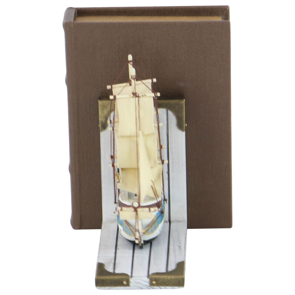 Maple and Jade Coastal Sail Boat Bookends in White Washed, Gold and Blue &#40;Set of 2&#41;, , large