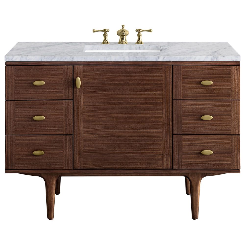 James Martin Vanities Amberly 48" Single Bathroom Vanity in Walnut with 3 cm Carrara White Marble Top and Rectangular Sink, , large