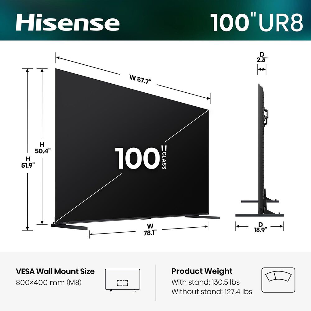 Hisense 100" Class UR8 RGB Mini-LED Series UHD 4K HDR - Smart Google TV with 5.1.4 Channel Soundbar System in Black, , large