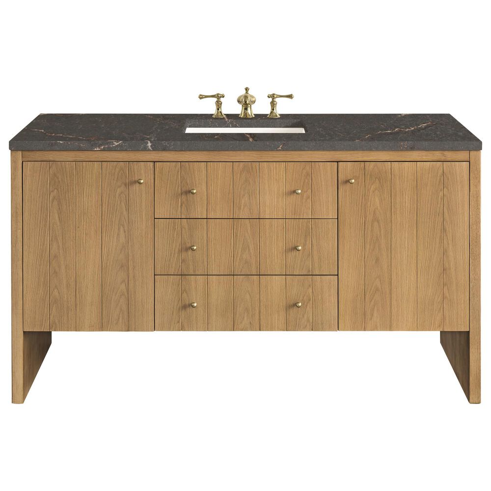 James Martin Vanities Hudson 60" Single Bathroom Vanity in Light Natural Oak with 3 cm Parisien Bleu Quartz Top, Rectangular Sink and FreePower Wireless Charger, , large