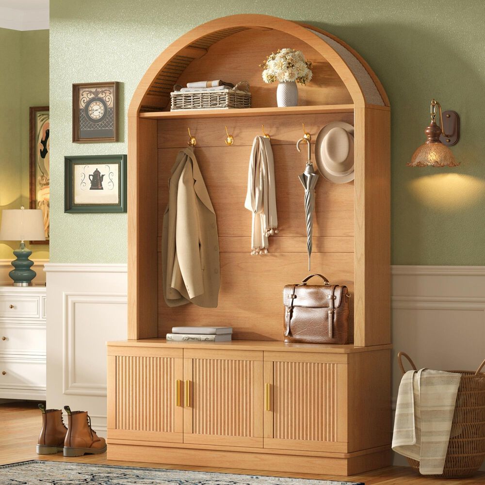 HOMLUX Farmhouse Fabric Arched Top Hall Tree with 5 Metal Hooks and Adjustable Shelves in Natural, , large