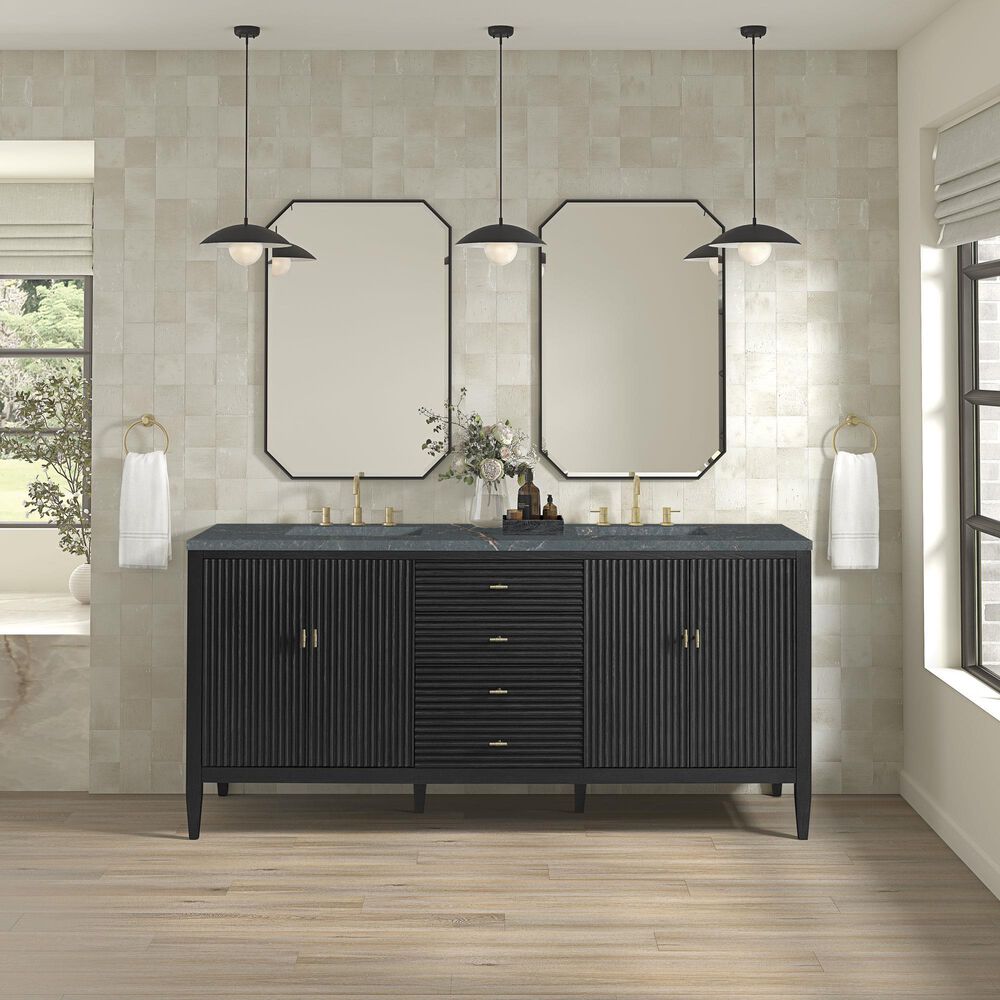 James Martin Vanities Myrrin 72" Double Bathroom Vanity in Carbon Oak with 3 cm Eternal Jasmine Pearl Silestone Top, Rectangular Sinks and FreePower Wireless Charger, , large