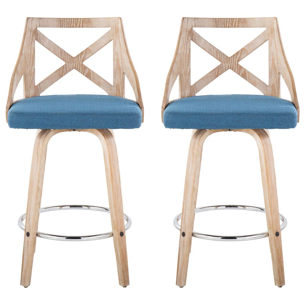 LumiSource Charlotte Swivel Counter Stool with Blue Fabric Upholstery in Whitewashed and Chrome (Set of 2), , large