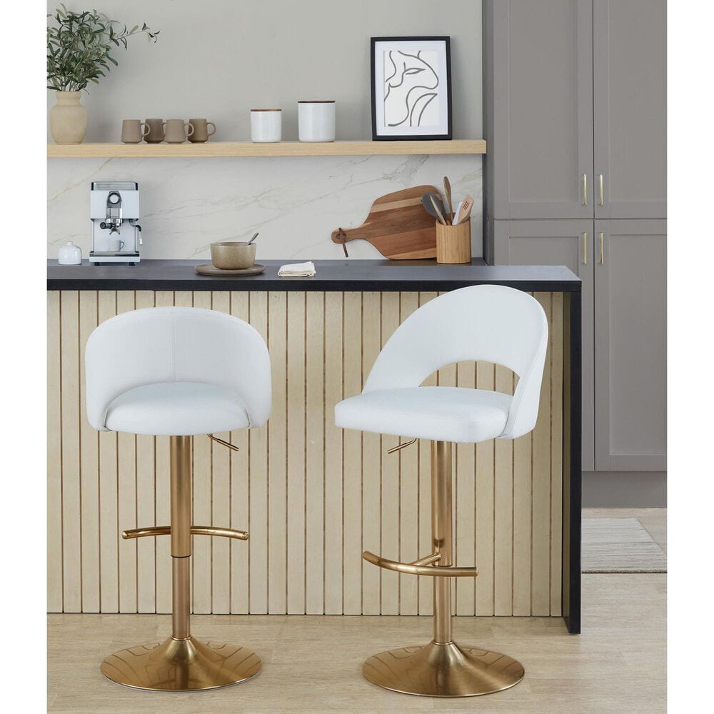 LumiSource Renee Adjustable Swivel Bar Stool with White Faux Leather Upholstery in Gold (Set of 2), , large