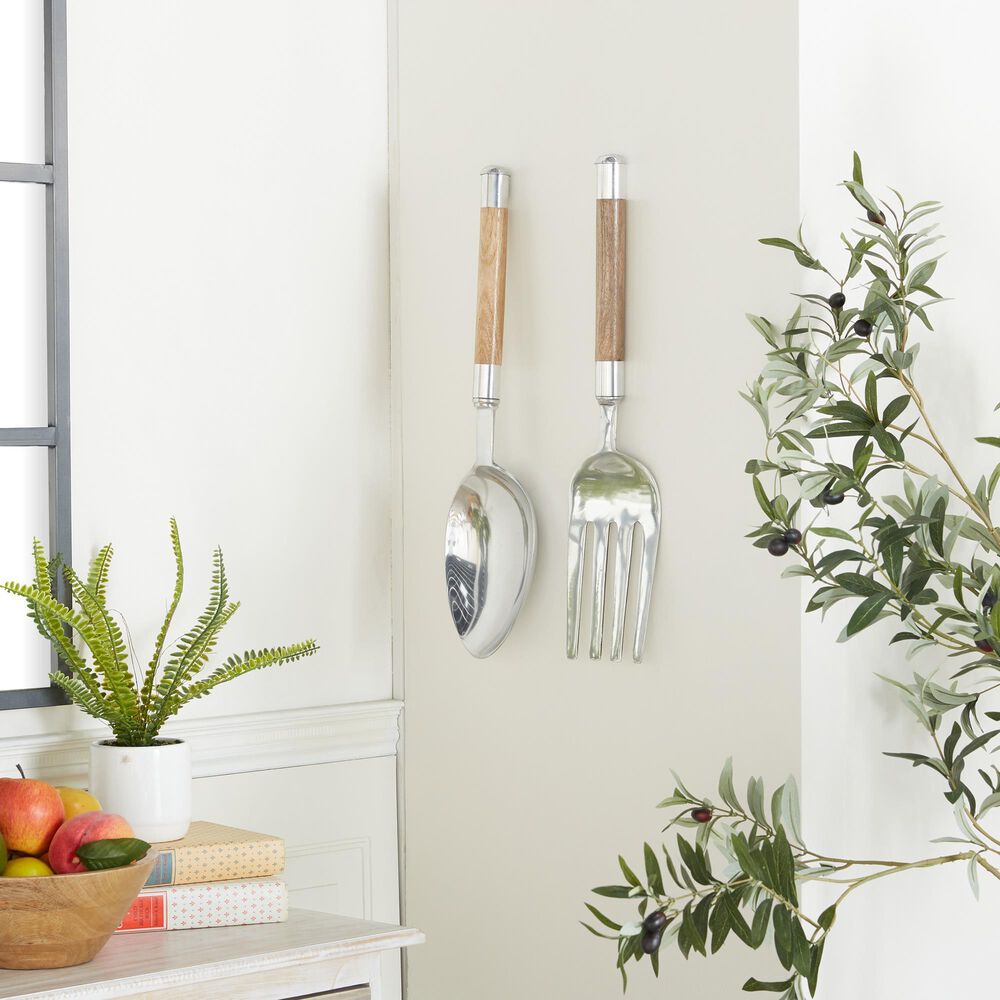 Maple and Jade 22&quot; x 7&quot; Kitchen Utensils Wall Decor in Brown and Silver &#40;Set of 2&#41;, , large