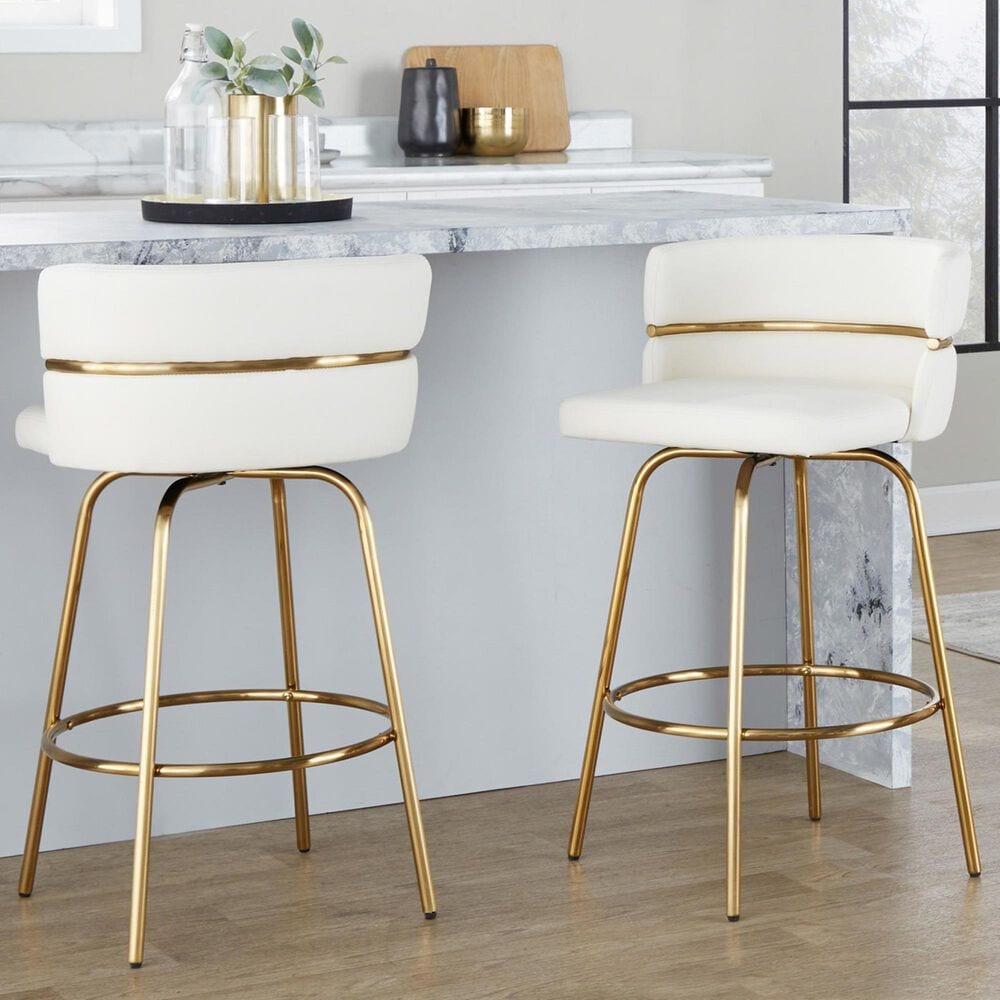 LumiSource Cinch 26" Swivel Counter Stool with White Upholstery in Gold (Set of 2), , large