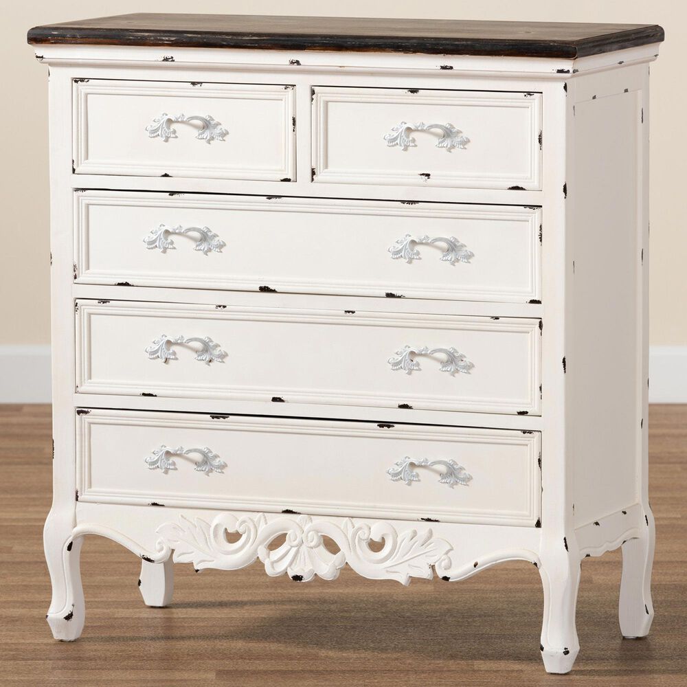 Baxton Studio Levron 5-Drawer Storage Cabinet in Walnut Brown and Antique White, , large