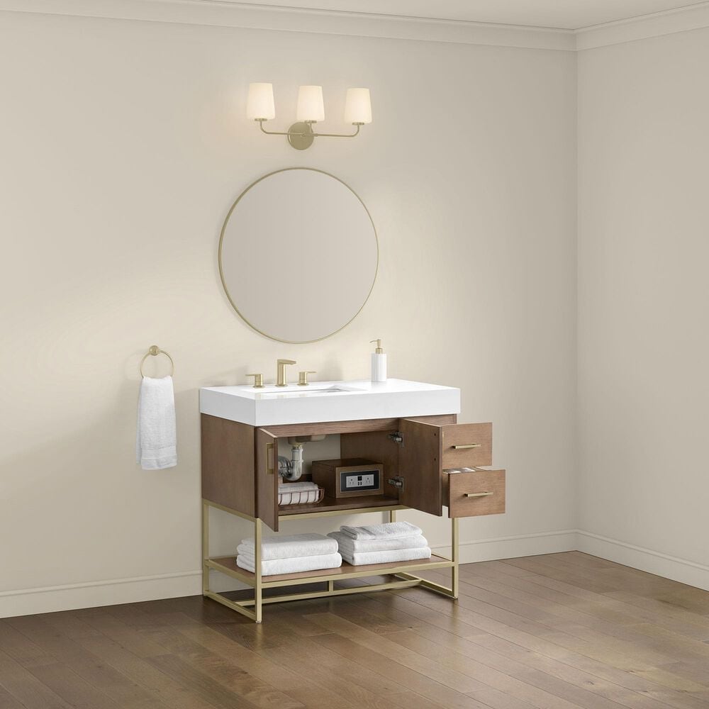 37B Mauri 36" Single Bathroom Vanity with Metal Base in Walnut Drift with High-Profile 4" White Composite Stone Top, , large