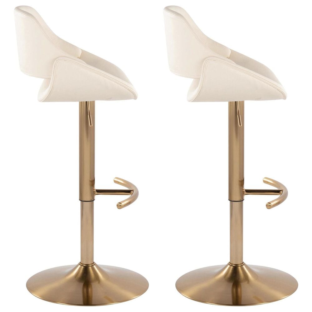 LumiSource Fabrico Swivel Adjustable Bar Stool with Cream Faux Leather Upholstery and Rounded T Footrest in Gold (Set of 2), , large