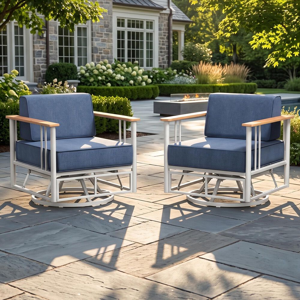 Sunwell Garden Patio Swivel Glider Chair with White Frame in Blue (Set of 2), , large