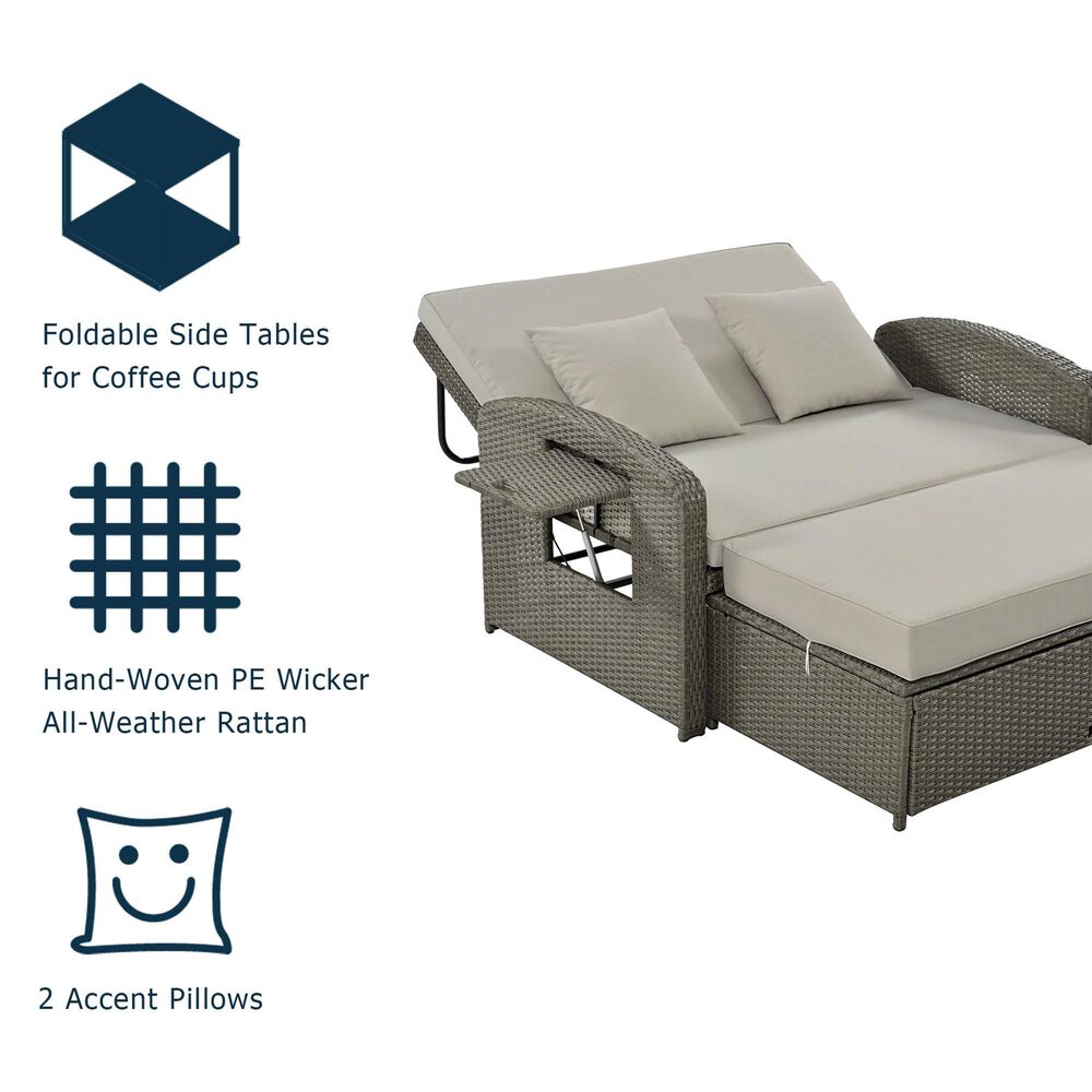 HOMLUX Wicker Rattan Double Chaise Lounge in Grey, , large