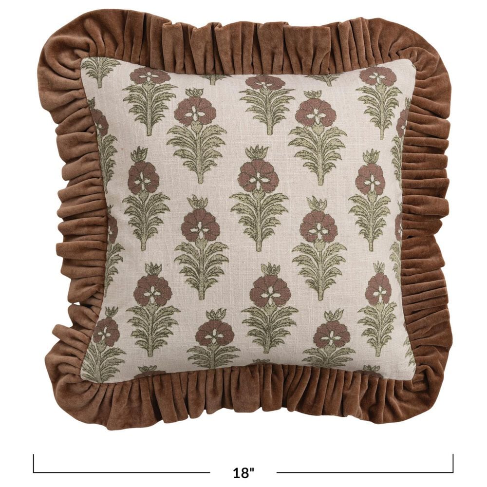 Creative Coop Cozy 18" Square Floral Throw Pillow with Mustard Velvet Ruffle in Olive Green, Deep Brown and Ivory, , large