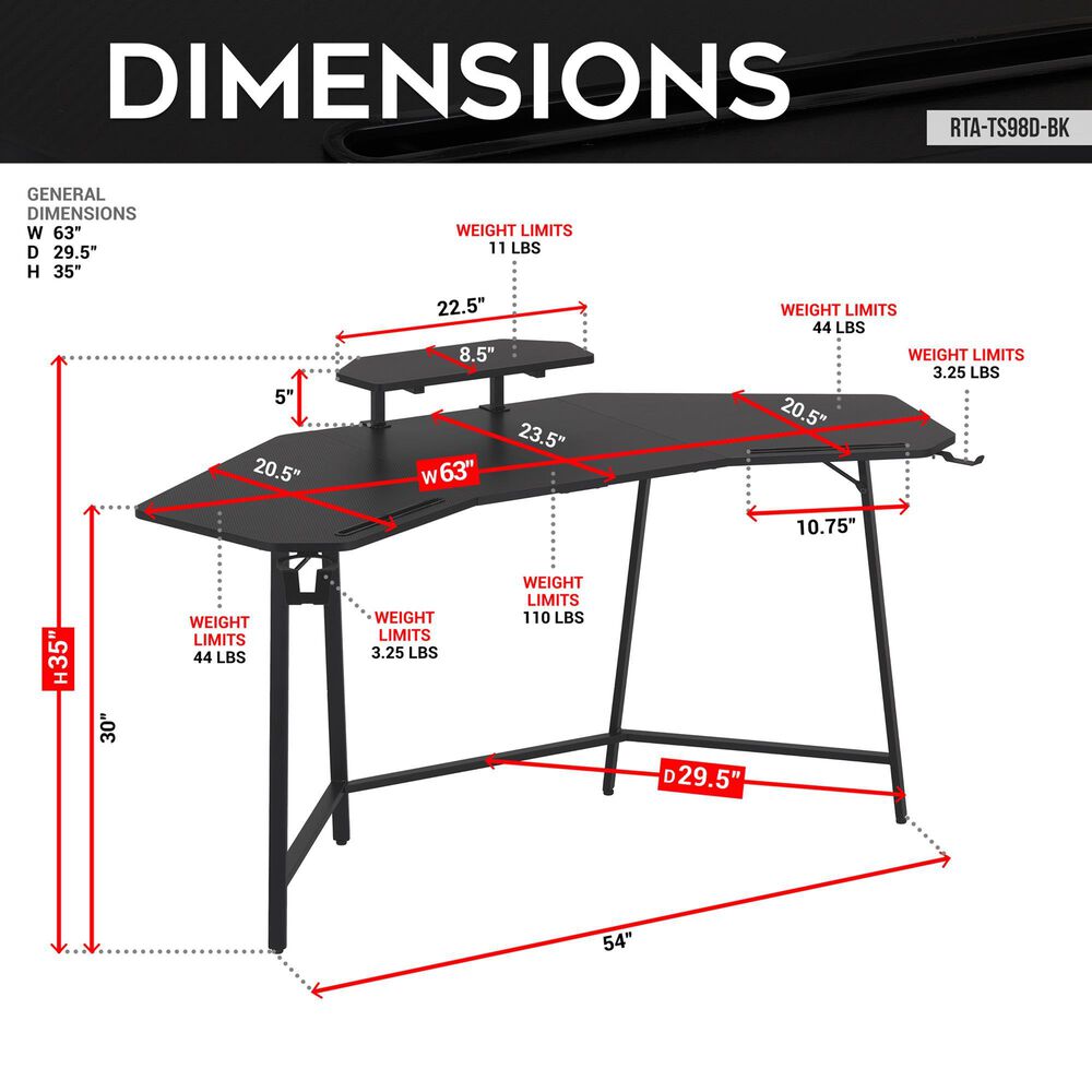 Rta Products Llc U-Shaped Gaming Desk with Shelf and Tablet Holder in Black, , large