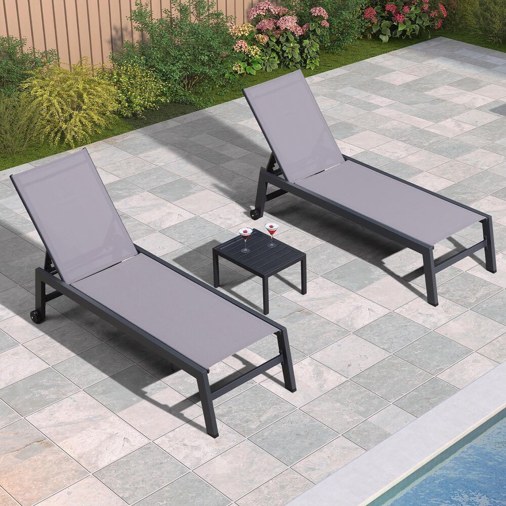 HOMLUX 3-Piece Patio Chaise Lounge Set with Wheels in Light Grey, , large