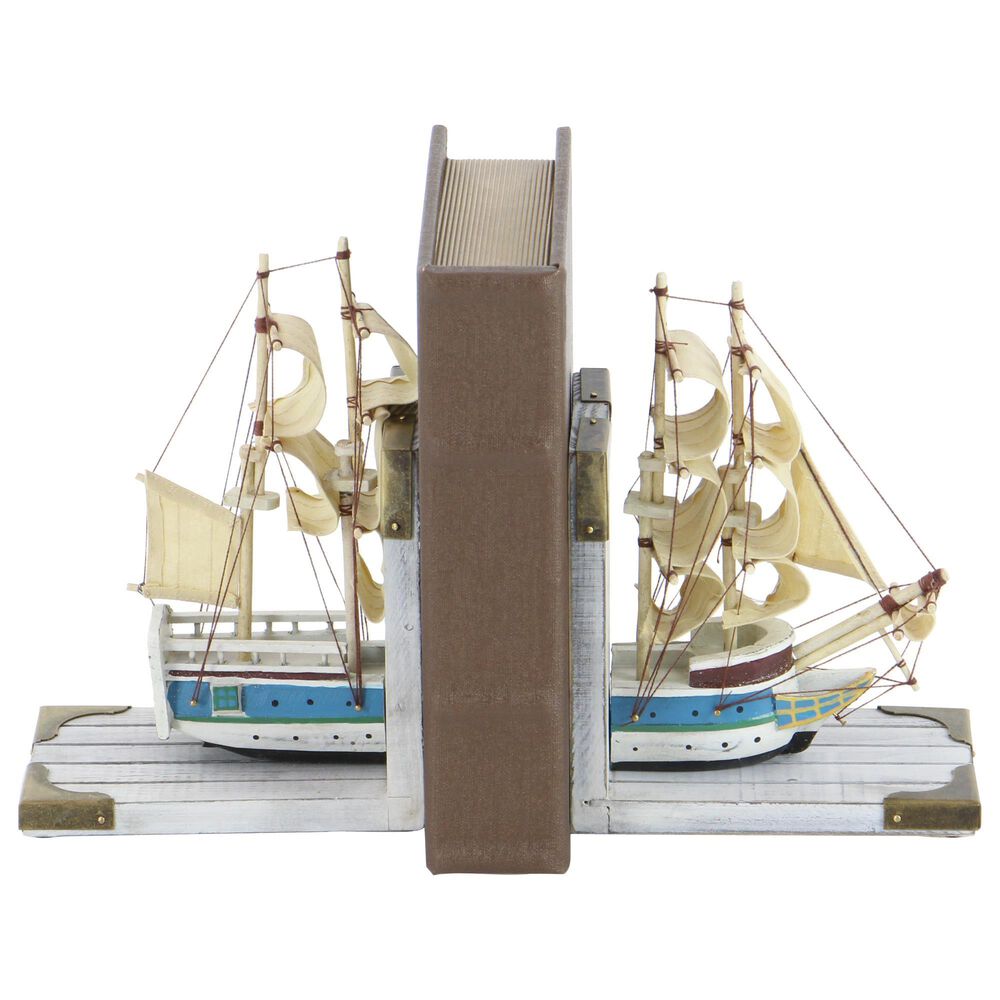 Maple and Jade Coastal Sail Boat Bookends in White Washed, Gold and Blue &#40;Set of 2&#41;, , large