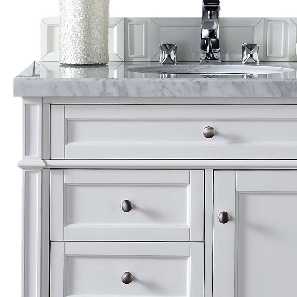 James Martin Vanities Brittany 36&quot; Single Bathroom Vanity in Bright White with 3 cm Carrara White Marble Top and Rectangle Sink, , large