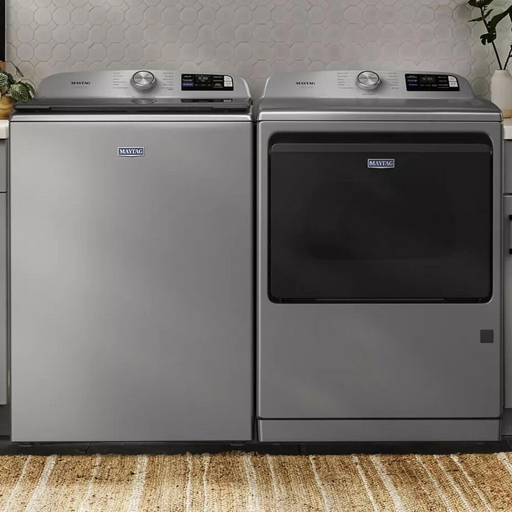 Maytag 5.2 Cu. Ft. Smart Pet Pro Top Load Washer and 7.4 Cu. Ft. Smart Top Load Gas Dryer with Pet Pro Option in Classic Silver, , large