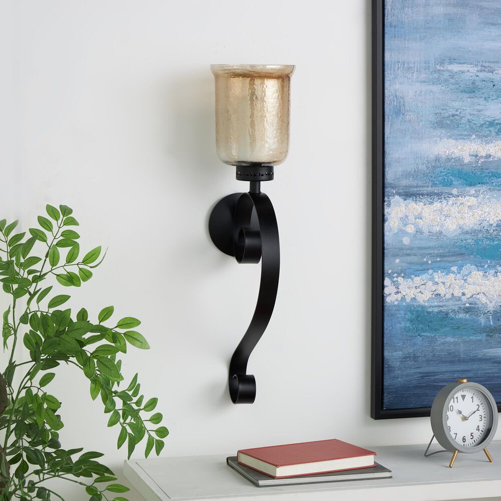 Maple and Jade 27&quot; Handmade Pillar Scroll Indoor/Outdoor Wall Sconce in Matte Black and Clear, , large