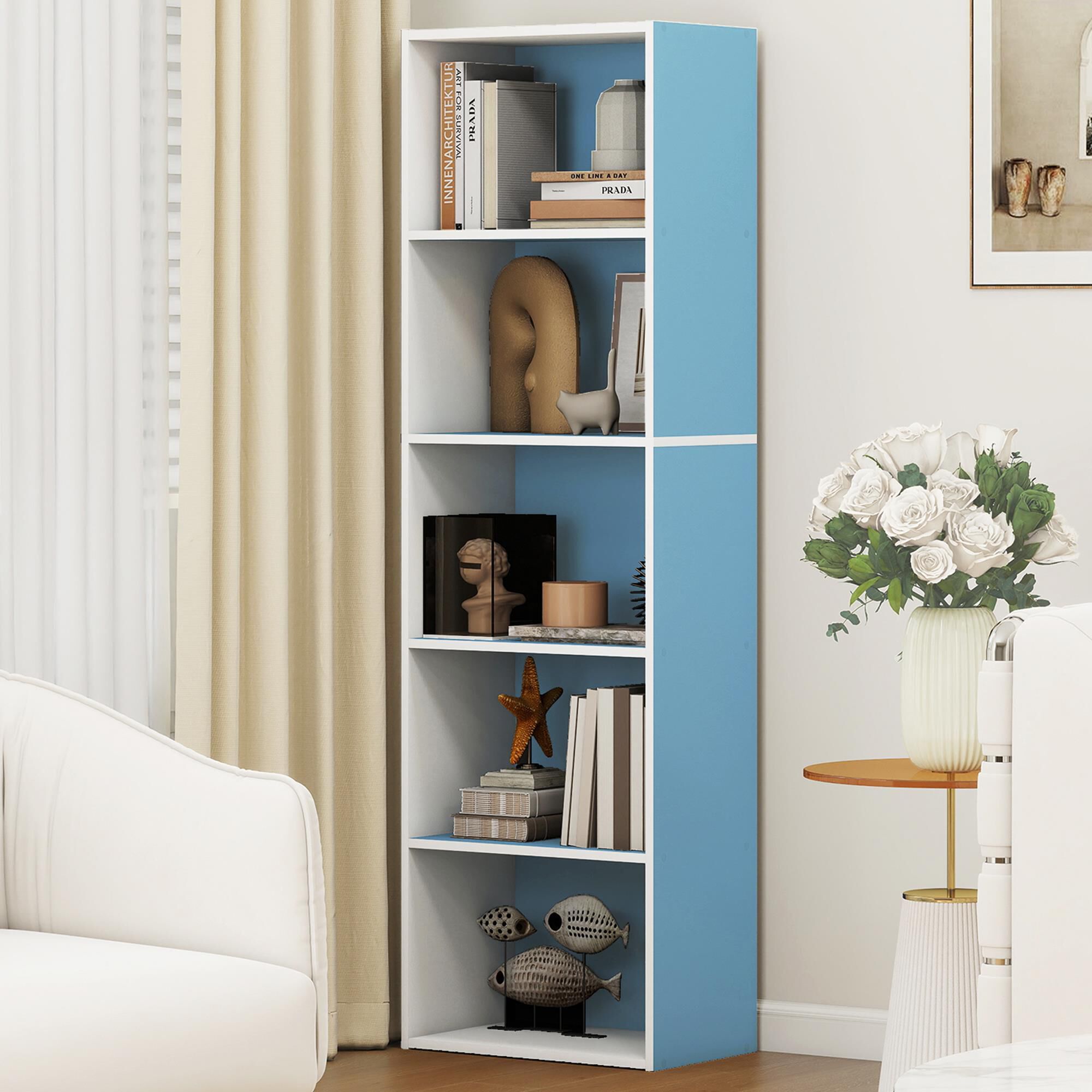 HOMLUX 5-Tier Reversible Bookshelf with Decorative Open Shelves in
