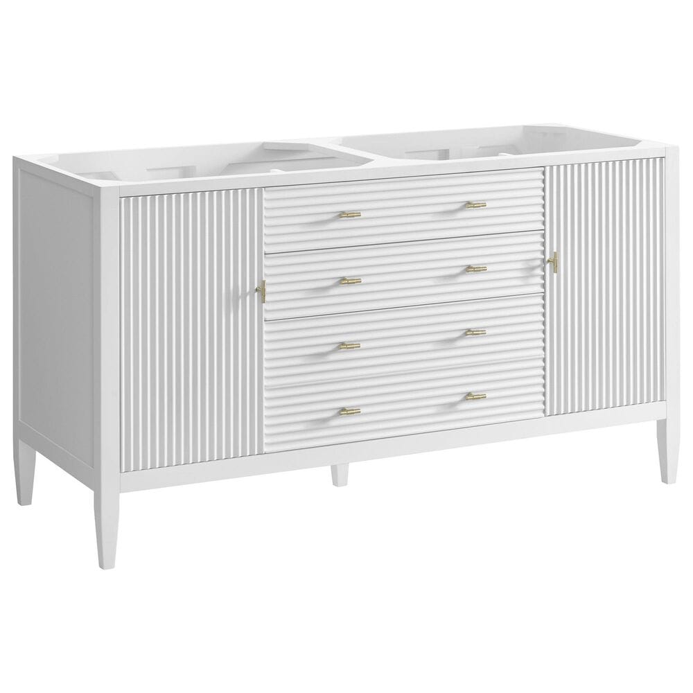 James Martin Vanities Myrrin 60" Double Bathroom Vanity in Bright White with 3 cm Eternal Jasmine Pearl Silestone Top, Rectangular Sinks and FreePower Wireless Charger, , large