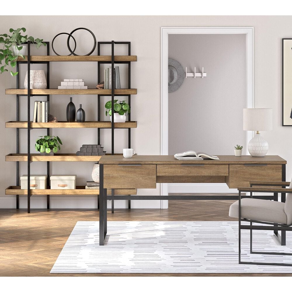 Ashley Montia 2-Piece Desk and Bookcase Set in Light Brown and Gunmetal Gray, , large