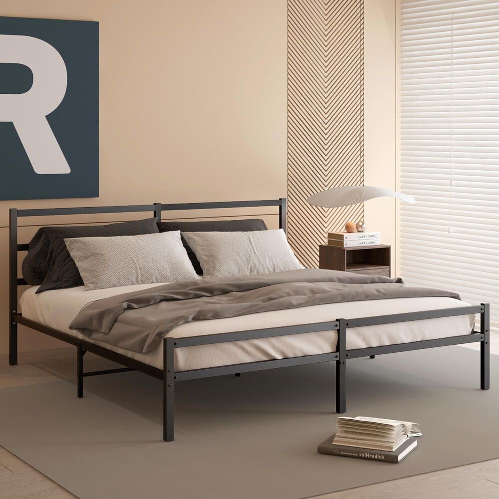 Hearth and Haven King Platform Bed with Sturdy Metal Frame and Headboard in Black, , large