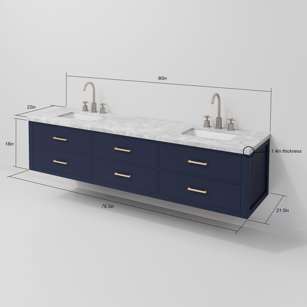 Lexora Home Castor 80" Double Bathroom Vanity in Blue with 2 cm White Carrara Marble Top and Rectangular Sinks, , large