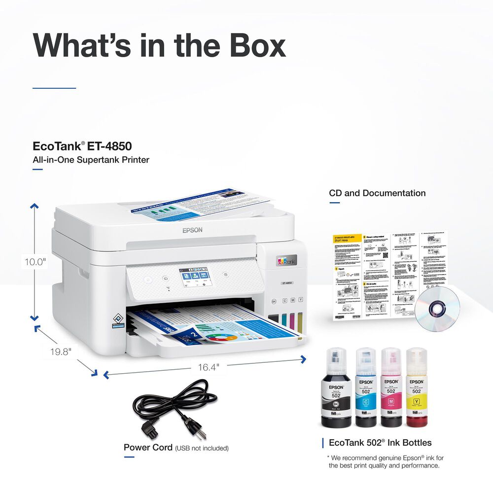 Epson EcoTank ET-4850 Wireless Color All-in-One Cartridge-Free Supertank Printer with Scanner, Copier, Fax, ADF and Ethernet, , large