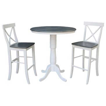 International Concepts Modern Farmhouse 3-Piece Round Bar Height Dining Set in White and Heather Gray, , large