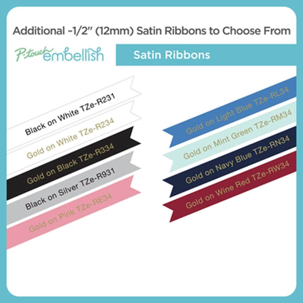 Brother P-touch Embellish Gold Print on White Satin Ribbon 12mm, , large
