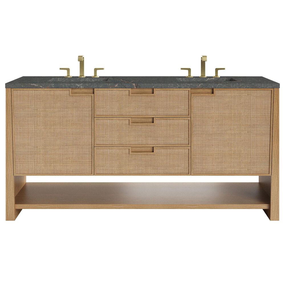 James Martin Vanities Solene 72" Double Bathroom Vanity in Seaside Oak with 3 cm Parisien Bleu Quartz Top, Rectangular Sinks and FreePower Wireless Charger, , large