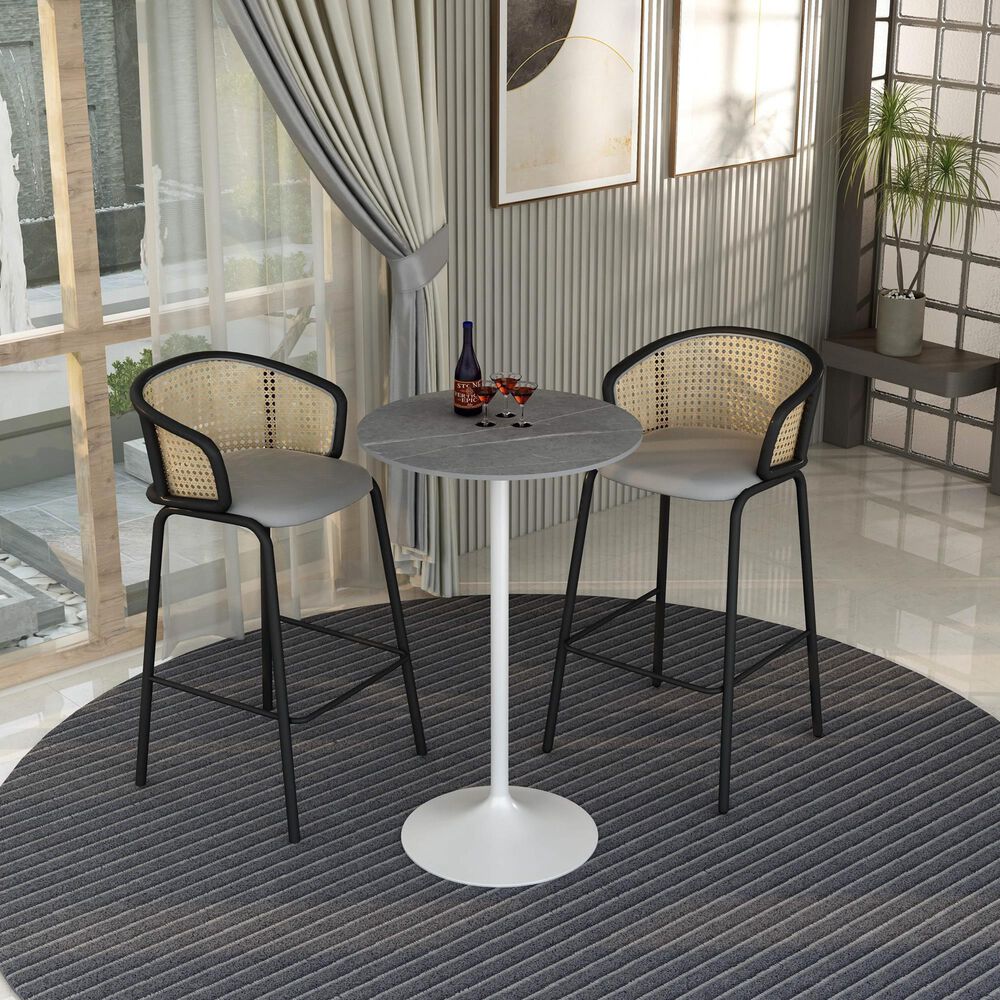 Leisuremod LeisureMod Verve Collection Modern Bar Height Table White Base with 27 Round Marble Grey Sintered Stone Top, , large