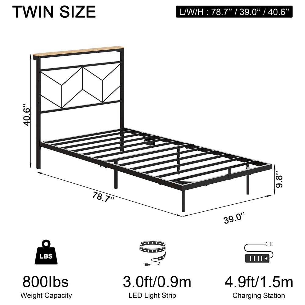 HOMLUX Twin Floating Bed Frame with LED Headboard and Charging Station in Black, , large