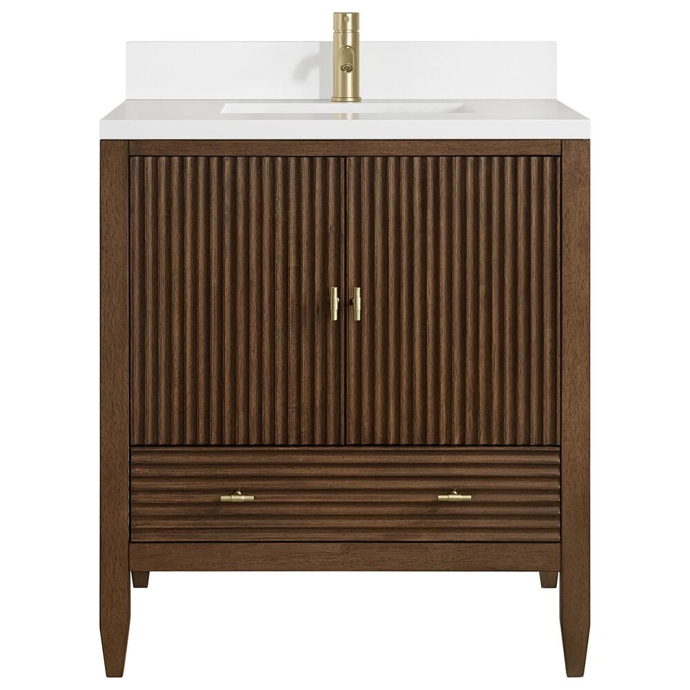 James Martin Myrrin 30" Single Bathroom Vanity in Mid-Century Walnut with Single Hole 3 cm White Zeus Silestone Top and Rectangular Sink, , large