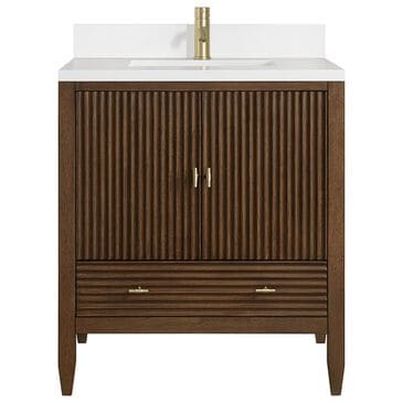 James Martin Myrrin 30" Single Bathroom Vanity in Mid-Century Walnut with Single Hole 3 cm White Zeus Silestone Top and Rectangular Sink, , large