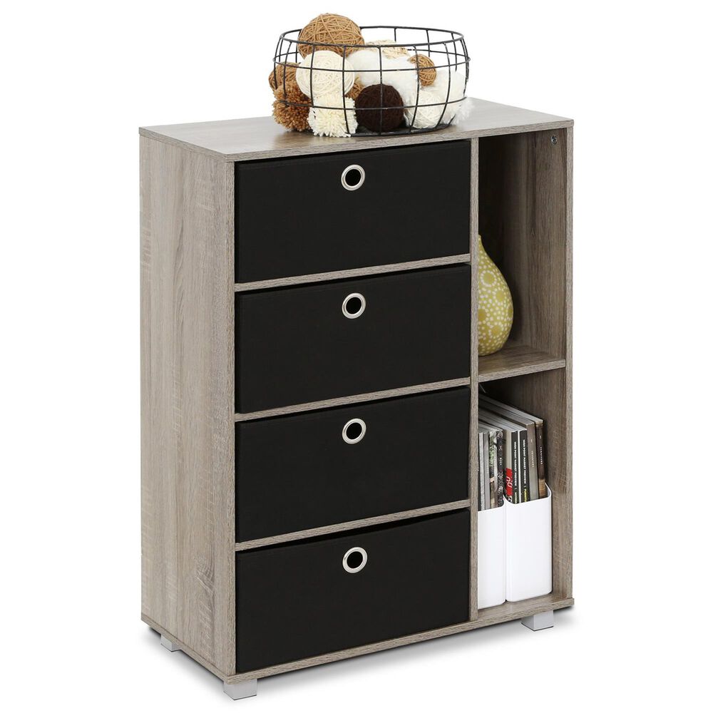 HOMLUX Multipurpose Storage Bookshelf Cabinet with 4 Bin Drawers in French Oak and Black, , large