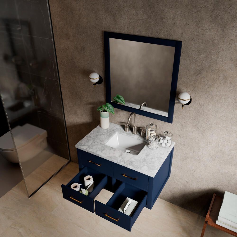 Lexora Home Castor 36" Single Bathroom Vanity in Blue with 2 cm White Carrara Marble Top and Rectangular Sink, , large