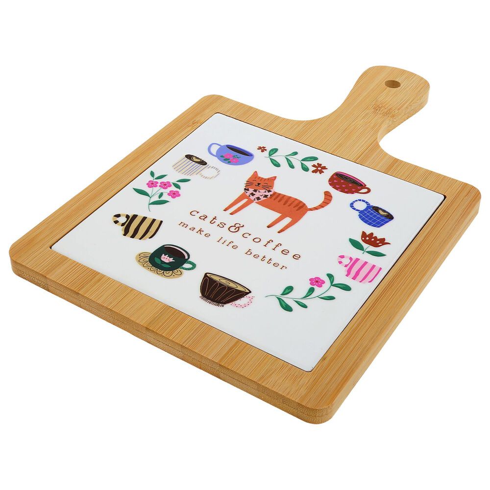 Pavilion 7.5" Cats and Coffee Tile Trivet in White, , large
