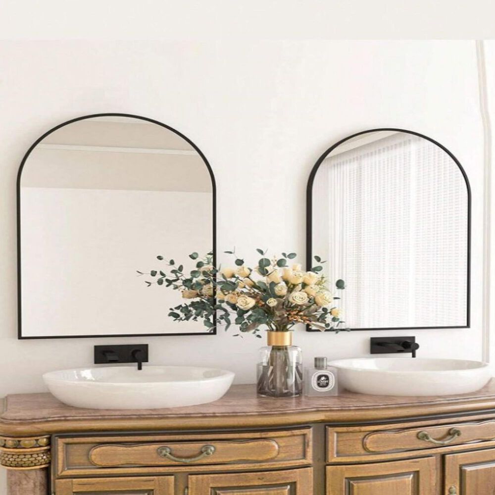 HOMLUX 26" x 38" Arched Mantle Mirror in Black, , large