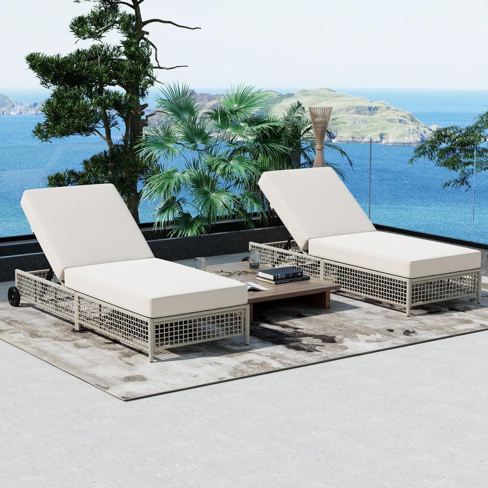 HOMLUX Patio Chaise Lounge with Creamy White Rattan in Beige, , large